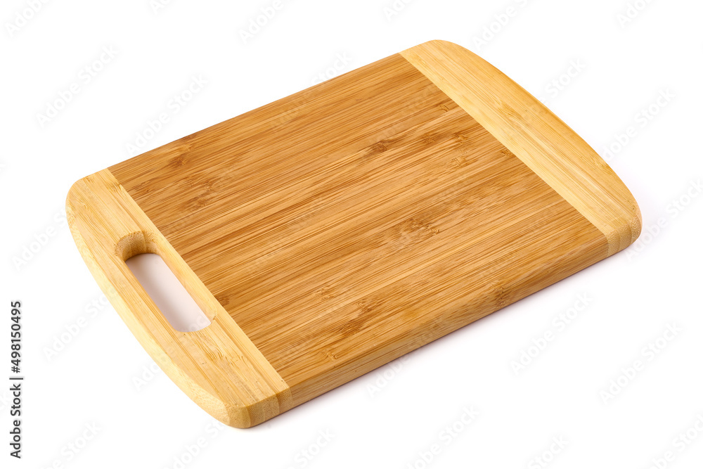Rectangular wooden cutting board, isolated on white background.