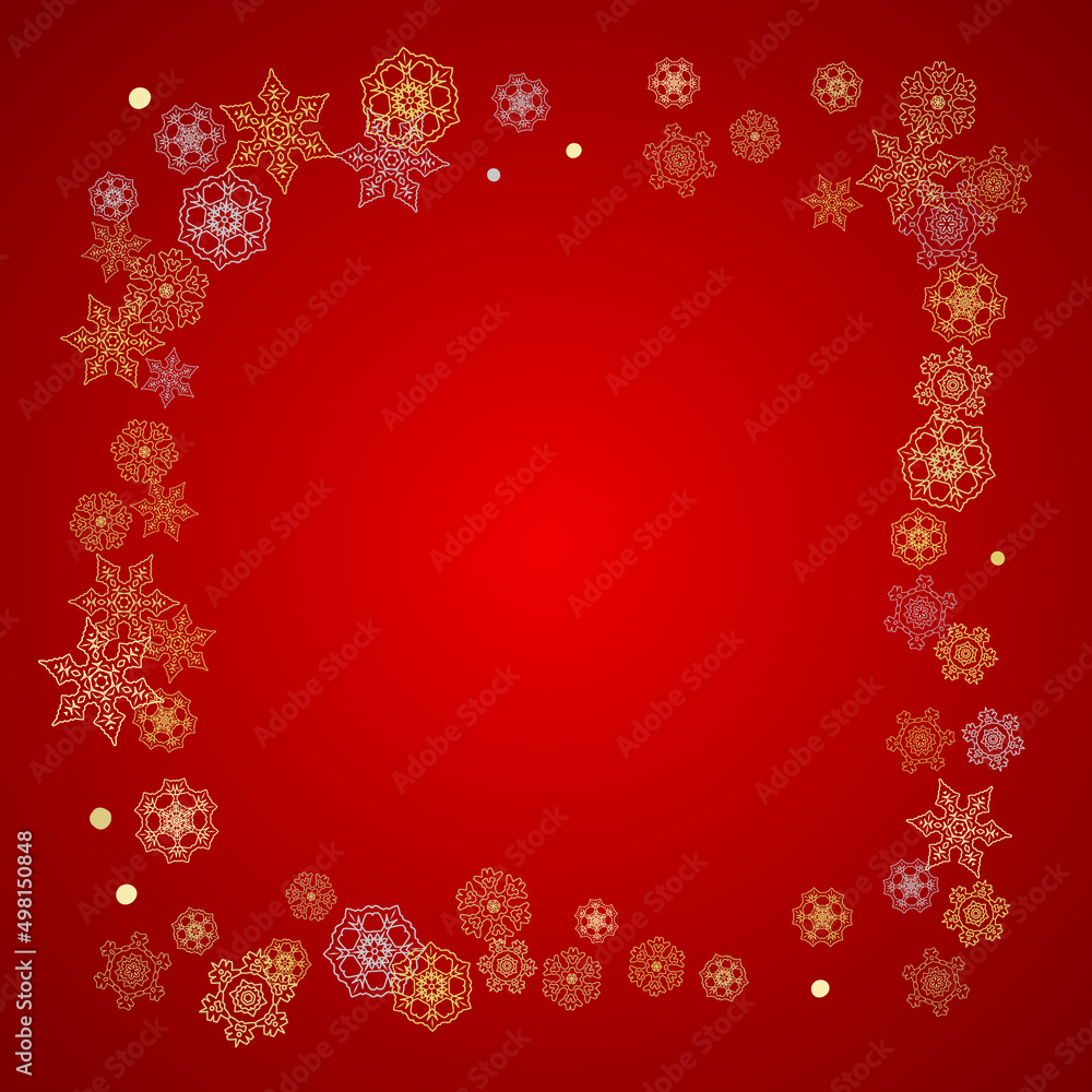 Christmas snow on red background. Glitter frame for seasonal winter banners, gift coupon, voucher, ads, party event. Santa Claus colors with golden Christmas snow. Falling snowflakes for holiday Christmas snow on red background. Glitter frame for seasonal winter banners, gift coupon, voucher, ads, party event. Santa Claus colors with golden Christmas snow. Falling snowflakes for holiday