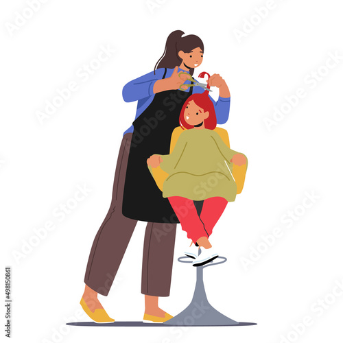 Little Girl Visit Beauty Salon with Children Hairdresser. Master Character do Hairstyle for Toddler in Barbershop