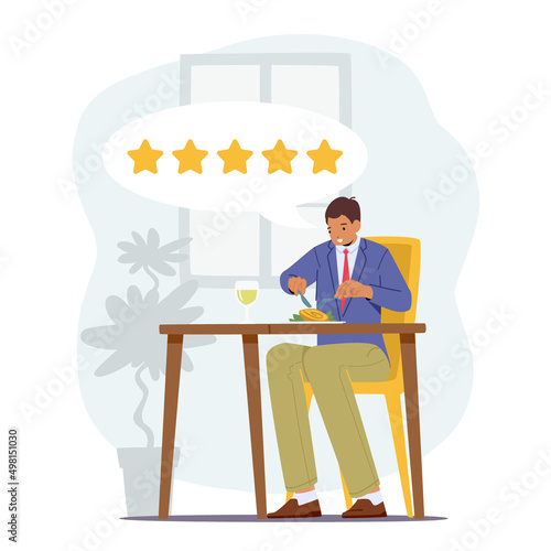 Food Critic, Expert Visiting Restaurant for Trying Food and Making Reviews. Satisfied Foodie Male Character Enjoy Meals