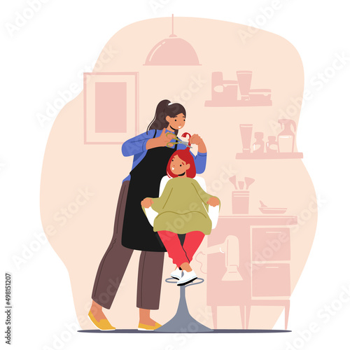 Beautician Grooming Place for Kid. Young Girl Groomer in Beauty Salon Cut Child Hair with Scissors. Hairdresser Master