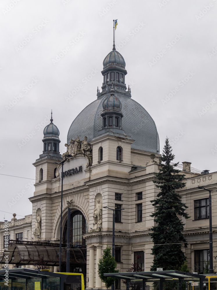 Old railway station building. Building with round rood and peacks. Lviv railway station