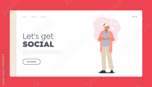 Senior Female Character Browsing Internet Landing Page Template. Old Woman Use Mobile Phone. Elderly Lady Communicate