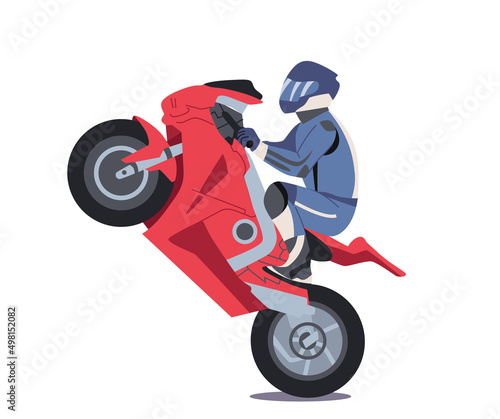 Motorcyclist Stuntman Male Character Riding Motorcycle Making Extreme Stunts Isolated on White Background