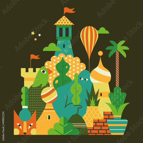 The thousand and One Nights. Warm neverland with animals, fairy characters, plants, castle and mosque. photo