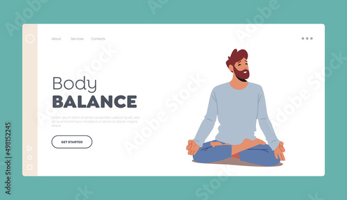 Body Balance Landing Page Template. Man Practicing Yoga Meditation Sitting in Lotus Pose. Stress Reducing