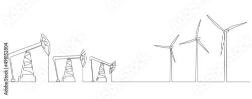 One continuous line drawing of Oil pumps jacks and wind turbines. Concept of energy crisis and Renewable and Non renewable sources in simple linear style. Editable stroke. Doodle vector illustration