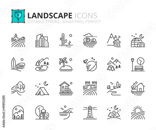 Simple set of outline icons about the landscape