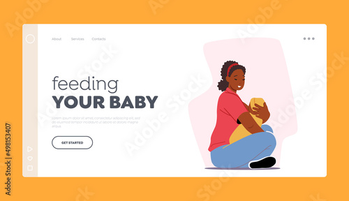 Breastfeeding Landing Page Template. African Female Feed Baby with Breast Sit on Floor. Healthy Nutrition for Child