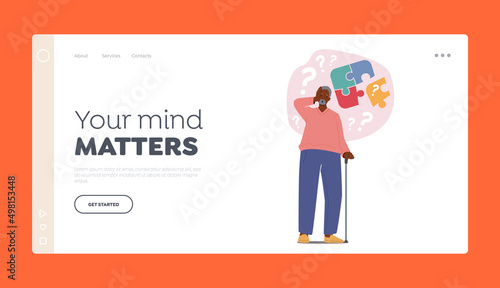 Senility Landing Page Template. Alzheimer Illness Disease Patient, Senior Mature Man Character Suffer From Brain Disease