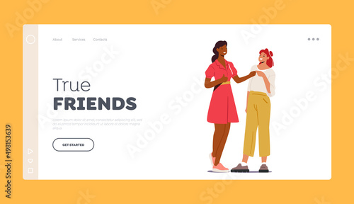 True Friends Landing Page Template. Couple of Female Characters Beating Fists, Friendship, Support, Human Greetings