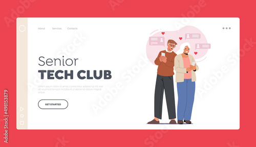 Senior Tech Club Landing Page Template. Old Couple Chatting via Internet Using Phones. Senior Characters Communicate