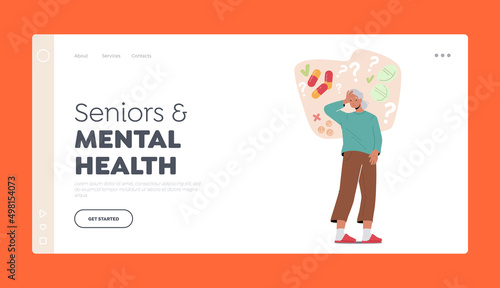 Seniors Mental Health Landing Page Template. Old Woman Suffer of Alzheimer Disease, Forgetful Grandmother Character