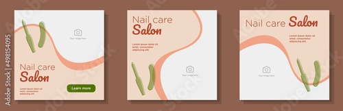 Nail file salon social media post, banner set, pedicure shop advertisement concept, manicure nails marketing square ad, abstract print, isolated on background