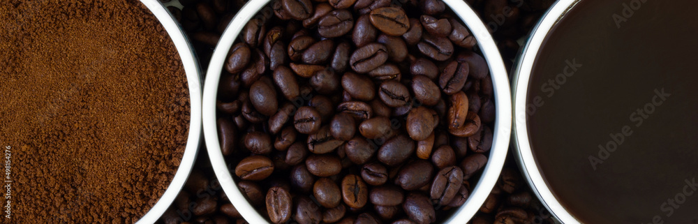 Top view close-up coffees brewed, ground and roasted coffee mugs together Top view close-up coffees brewed, ground and roasted coffee mugs together