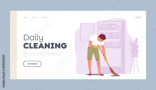 Daily Cleaning Landing Page Template. Home Routine, Household Duties, Man Doing Domestic Work, Sweeping Floor