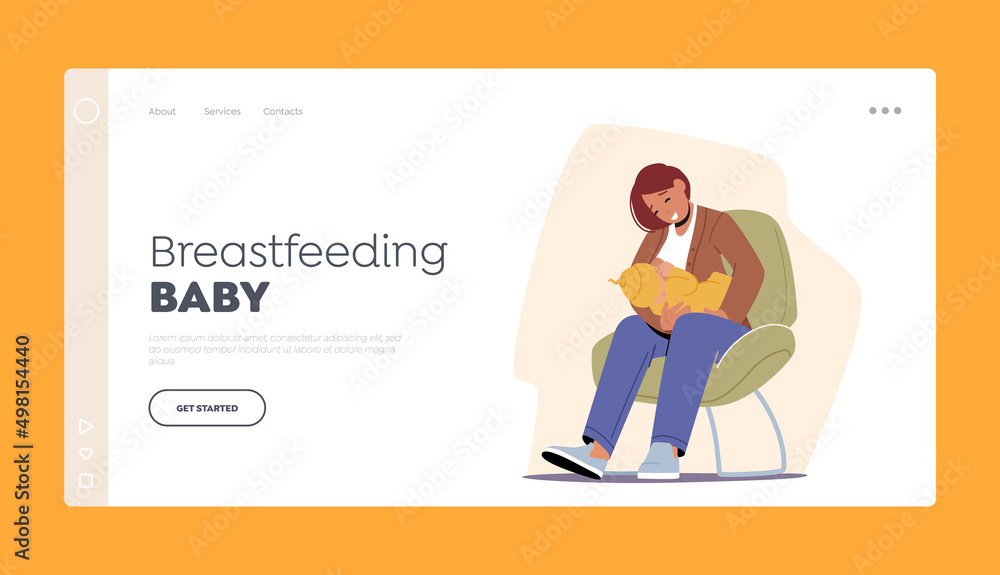 Breastfeeding, Lactation Landing Page Template. Young Happy Female Character Feeding Baby with Breast Sitting on Chair