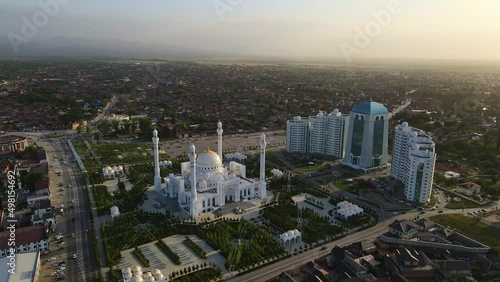 Mosque Pride of Muslims named after the Prophet Muhammad in Shali. Drone view photo