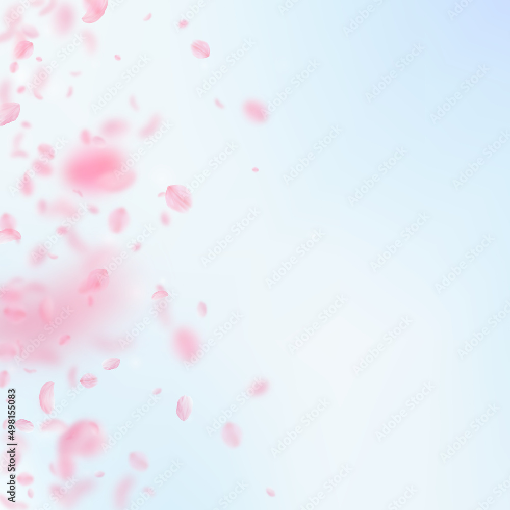 Sakura petals falling down. Romantic pink flowers gradient. Flying petals on blue sky square background. Love, romance concept. Symmetrical wedding invitation.