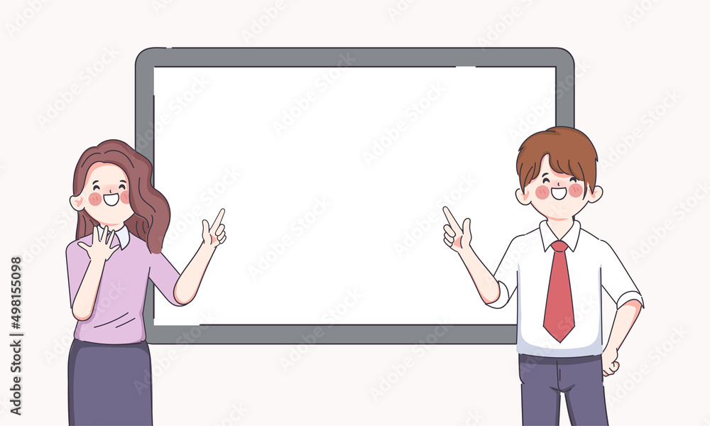 Hand drawn cute cartoon woman presenting on whiteboard character. Hand drawn cute cartoon woman presenting on whiteboard character.