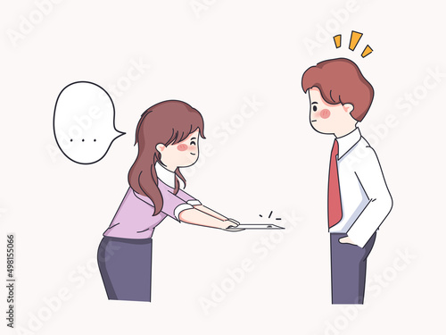 Businesswoman giving a white letter to businessman.Hand drawn doodle style vector design illustrations.