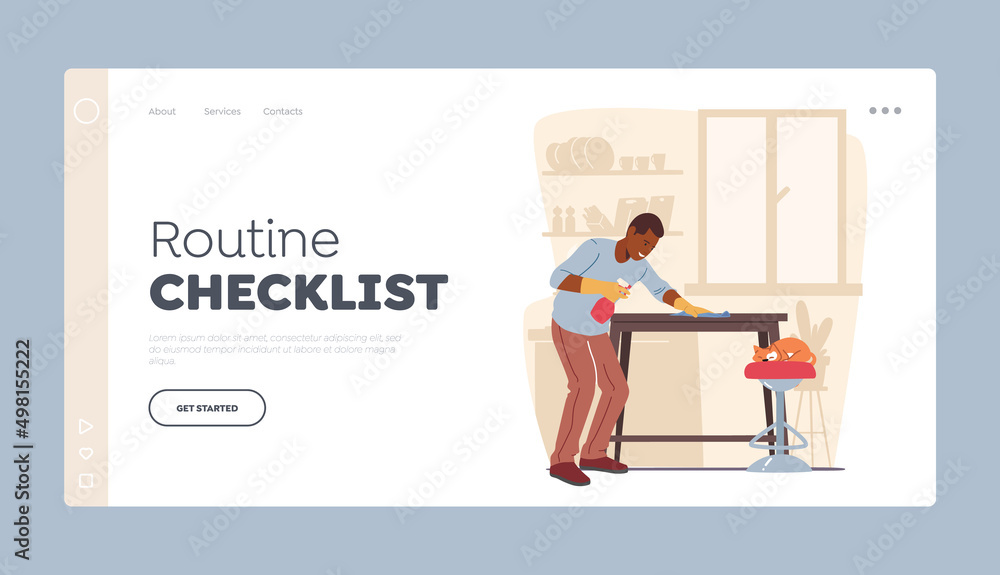 Routine Checklist Landing Page Template. Man Cleaning Furniture with Duster and Water Sprayer, Wiping Table at Home Routine Checklist Landing Page Template. Man Cleaning Furniture with Duster and Water Sprayer, Wiping Table at Home