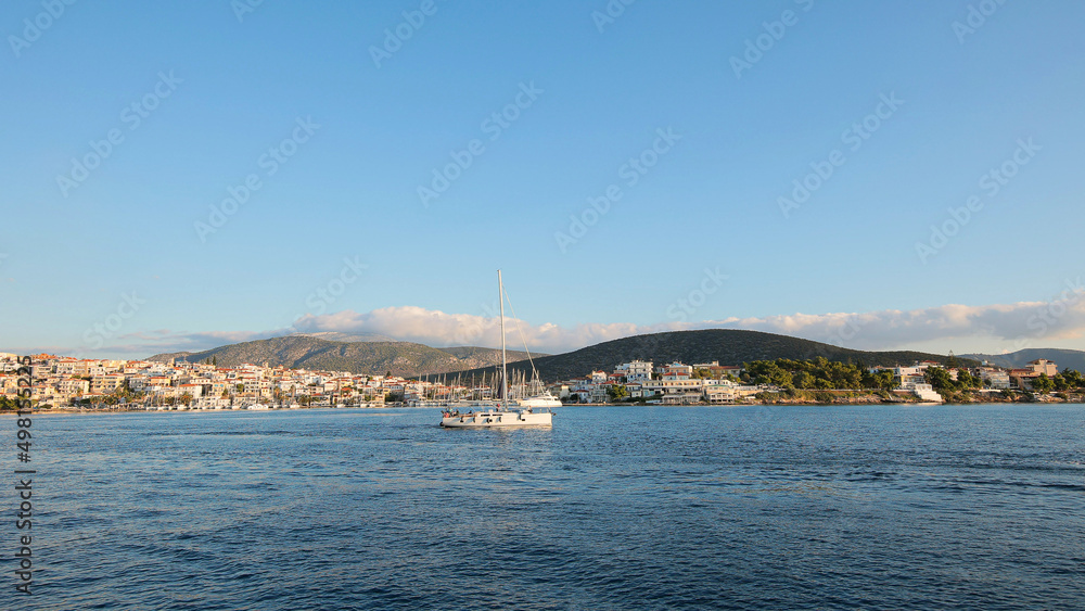 panorama of the yacht, city, greek island
