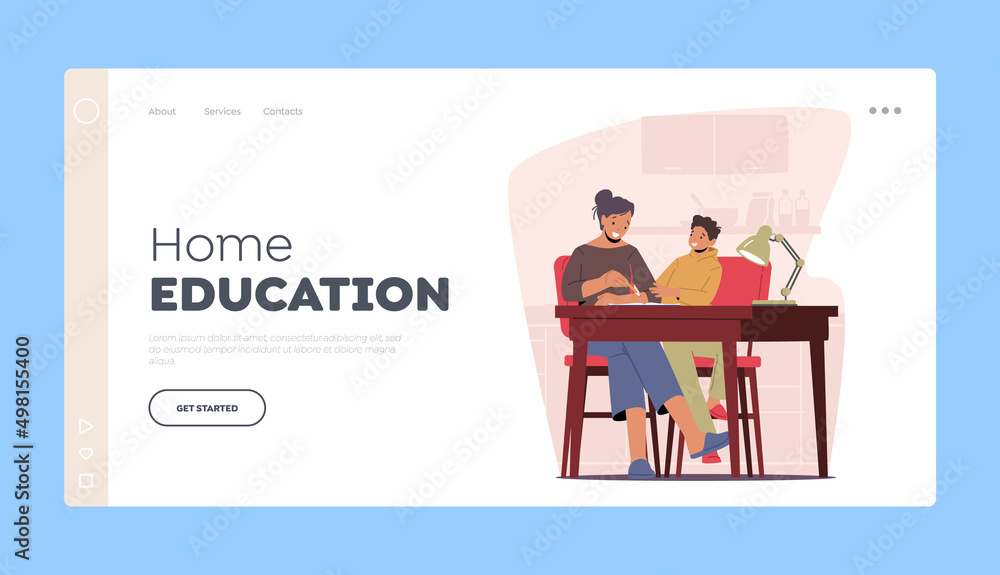 Home Education Landing Page Template. Mother and Little Kid Learn Homework Together. Parent and Child Characters Learn