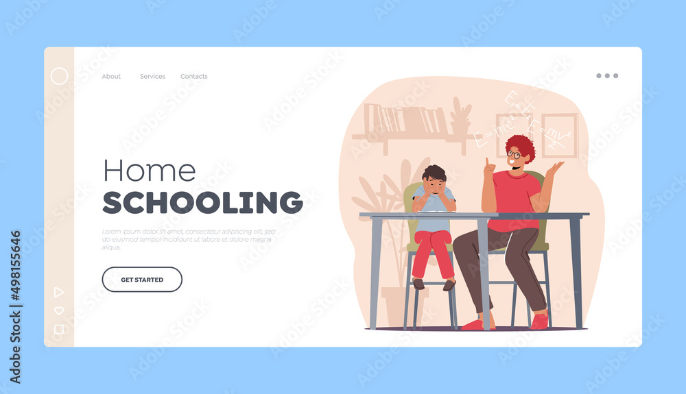 Home Schooling Landing Page Template. Mother and Son Learning Classes at Home. Parent and Kid Boy Study Together