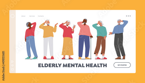 Elderly Mental Health Landing Page Template. Forgetful Elderly People with Alzheimer Disease. Troubled Worried People