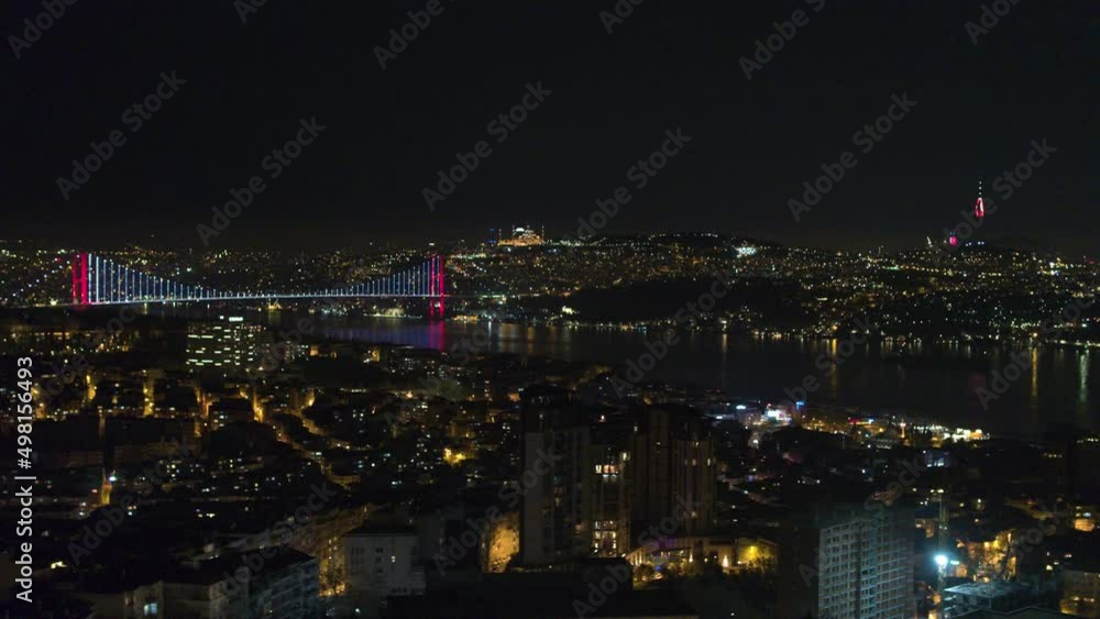 Aerial Night view of Istanbul, Bosphorus with illuminated Bridges. Cinematic panorama. Smooth flowing, heavy traffic during rush hour on Bosporus Bridge. Hundreds of thousands of vehicles use Istanbul Aerial Night view of Istanbul, Bosphorus with illuminated Bridges. Cinematic panorama. Smooth flowing, heavy traffic during rush hour on Bosporus Bridge. Hundreds of thousands of vehicles use Istanbul