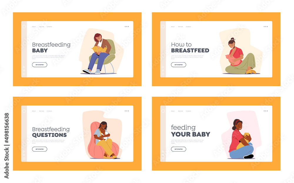 Female Characters Feeding Baby with Breast Landing Page Template Set. Breastfeeding Healthy Natural Nutrition for Child
