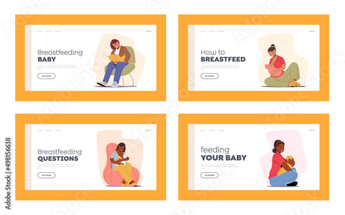 Female Characters Feeding Baby with Breast Landing Page Template Set. Breastfeeding Healthy Natural Nutrition for Child © Hanna Syvak