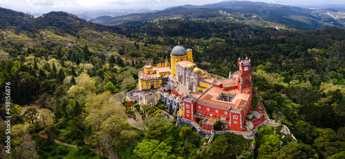 National Palace of Pena, Sintra region, Lisbon. Aerial drone panorama of Famous place in Portugal