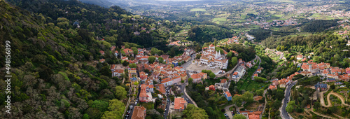 Aerial drone view of Sintra, Portugal old city at Sintra National Palace. Famous tourism destination.
