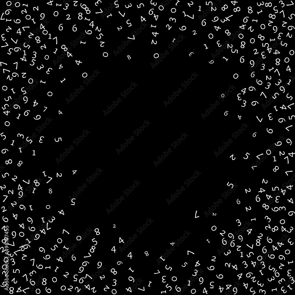 Obraz premium Falling numbers, big data concept. Binary white random flying digits. Authentic futuristic banner on black background. Digital vector illustration with falling numbers.