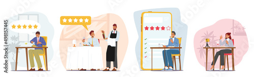 Set of Food Critics, Professional Writers or Bloggers Making Review and Ranking Restaurant Cuisine. Taster Makes Opinion