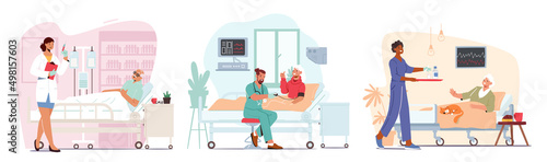 Set of Elderly People Hospitalization Medical Concept. Senior Diseased Male and Female Characters Lying in Bed at Clinic