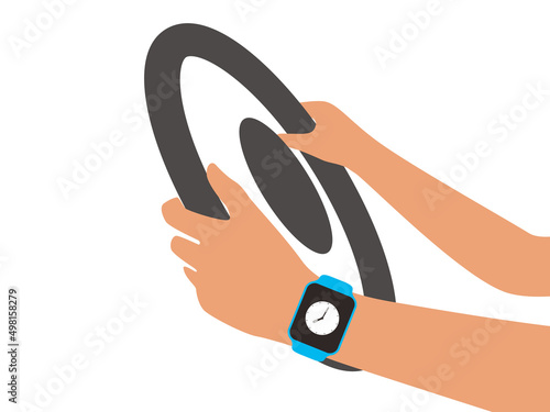 Man wearing fashion smart watch is Driving car , flat vector