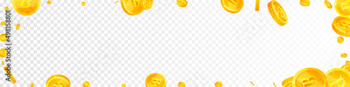 Bitcoin, internet currency coins falling. Comely scattered BTC coins. Cryptocurrency, digital money. Extra jackpot, wealth or success concept. Vector illustration.