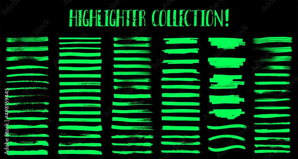 Highlighter set, marker or brush lines isolated on black background. Green toxic market set, brush pen hand drawn underline. Paintbrush and highlighter graphic stylish element. Watercolor hand drawn Highlighter set, marker or brush lines isolated on black background. Green toxic market set, brush pen hand drawn underline. Paintbrush and highlighter graphic stylish element. Watercolor hand drawn