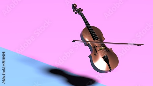 Brown-Gold classic violin on pink-blue plane under spot lighting background. 3D sketch design and illustration. 3D high quality rendering.