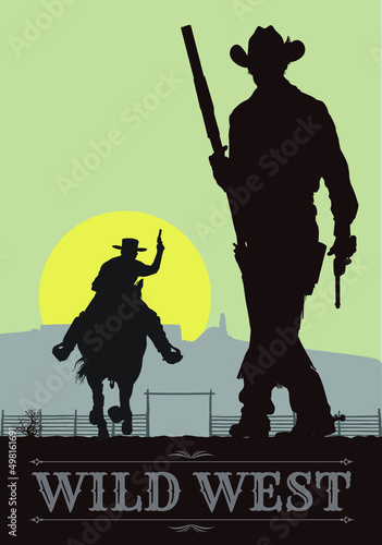 A vintage style western (wild west) movie poster of two outlaw gunslingers, having a shootout.