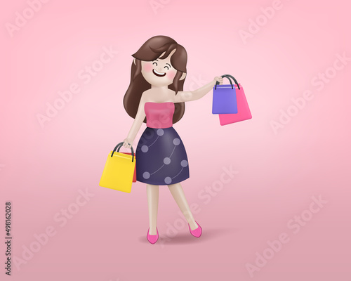 3d illustration cartoon happy woman shopping with many shopping bags. 3d vector cartoon people design.