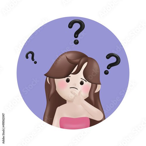 3d illustration cartoon woman beauty blogger have many questions with the problem question marks. 3d vector cartoon design.