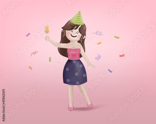 3d illustration cartoon happy woman party celebration. 3d vector cartoon people design.