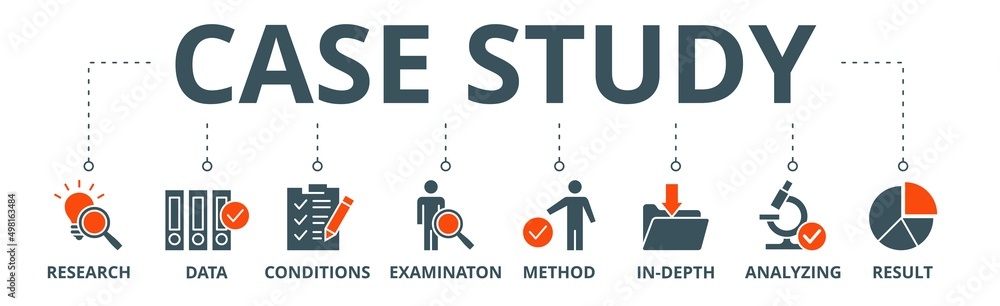 Case study banner web icon vector illustration concept with icon of research, data, conditions, examination, method, in-depth, analyzing, and result Case study banner web icon vector illustration concept with icon of research, data, conditions, examination, method, in-depth, analyzing, and result