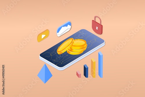 NFT non fungible token infographic with lines and dots network. Pay for unique collectible in video, game, art. Isometric vector illustration of NFT with blockchain technology for web banner template.