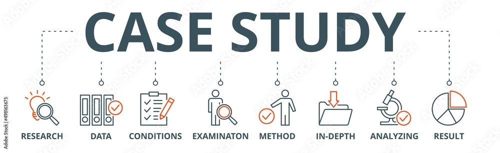 Case study banner web icon vector illustration concept with icon of research, data, conditions, examination, method, in-depth, analyzing, and result Case study banner web icon vector illustration concept with icon of research, data, conditions, examination, method, in-depth, analyzing, and result