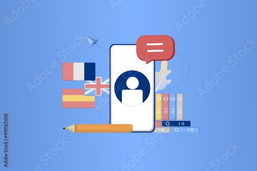 Modern 3D online languages learning class, language courses banner template for website and mobile app development. Literal translation, language assistant, e-learning concept. Vector illustration.